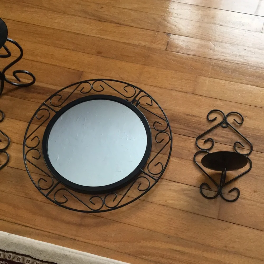 Black Fancy Candle Holder And Round Mirror